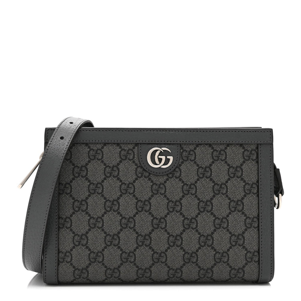 GG Supreme Monogram Textured Dollar Calfskin Web Small Ophidia Shoulder Bag  Grey Black Graphite Grey