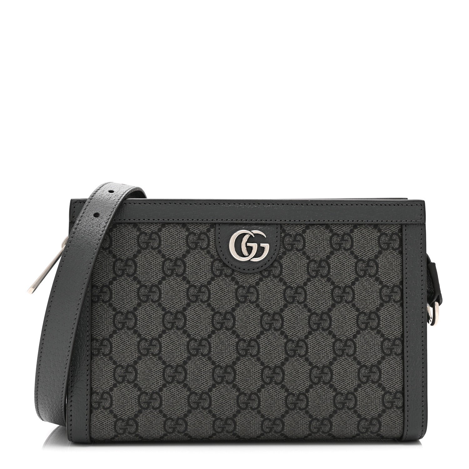 GG Supreme Monogram Textured Dollar Calfskin Web Small Ophidia Shoulder Bag  Grey Black Graphite Grey