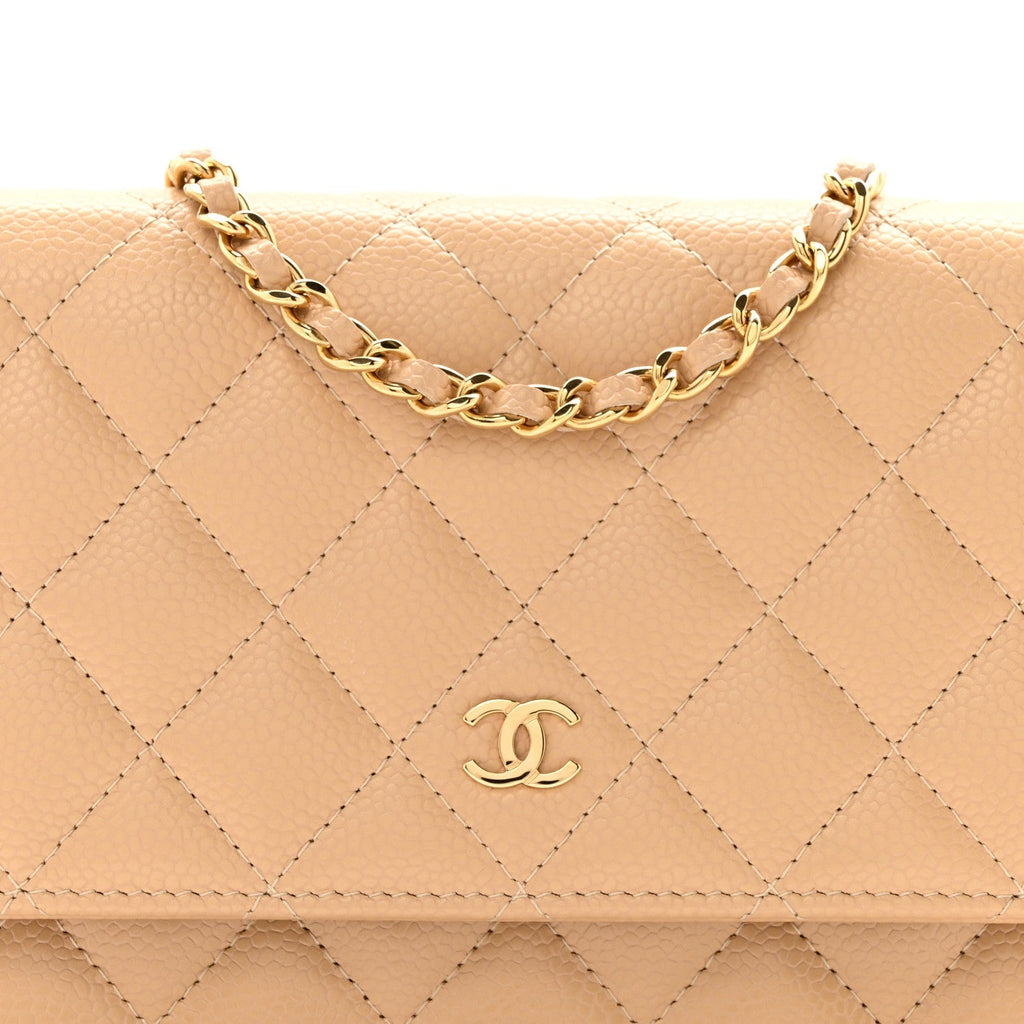 Caviar Quilted Wallet on Chain WOC Beige
