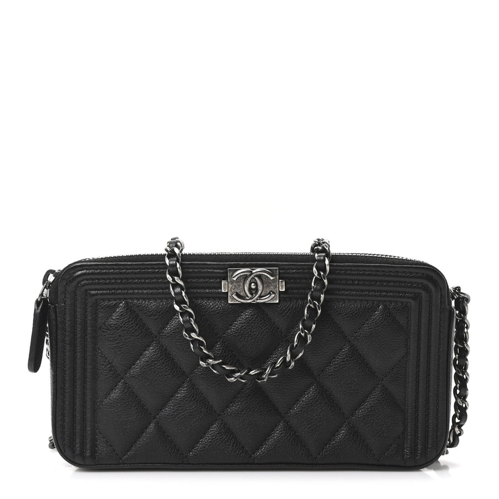 Grained Calfskin Quilted Boy Phone Holder Wallet On Chain Black
