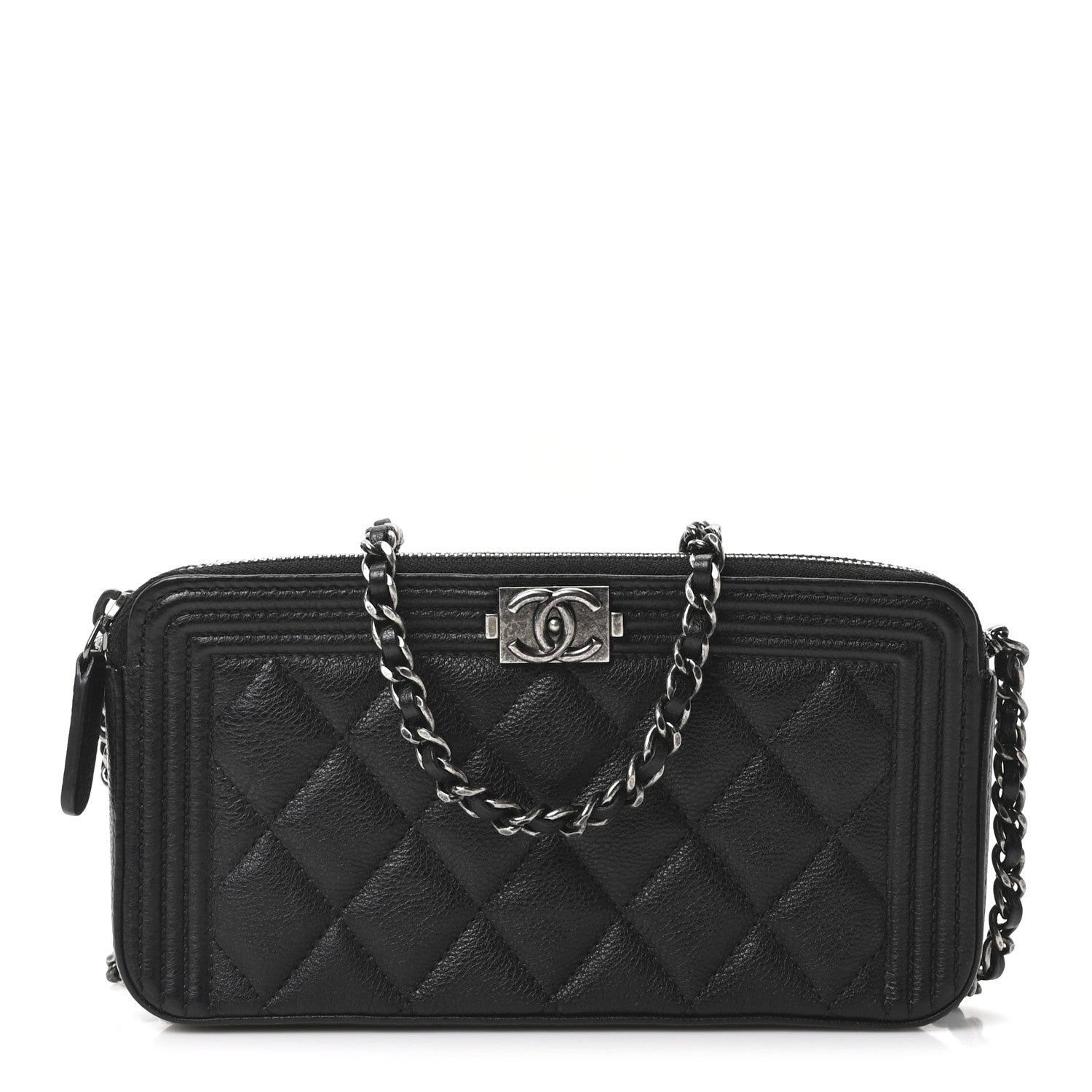 Grained Calfskin Quilted Boy Phone Holder Wallet On Chain Black