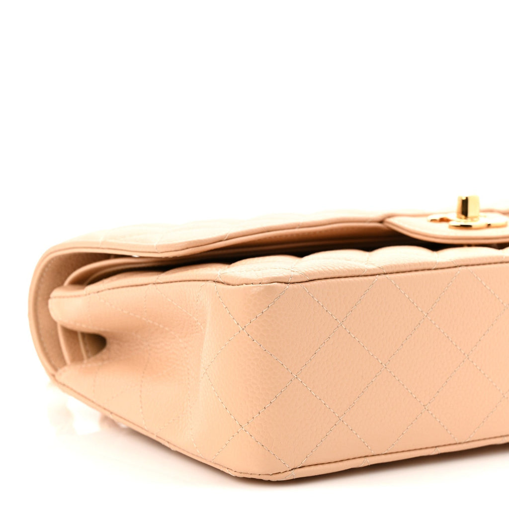 Caviar Quilted Medium Double Flap Beige