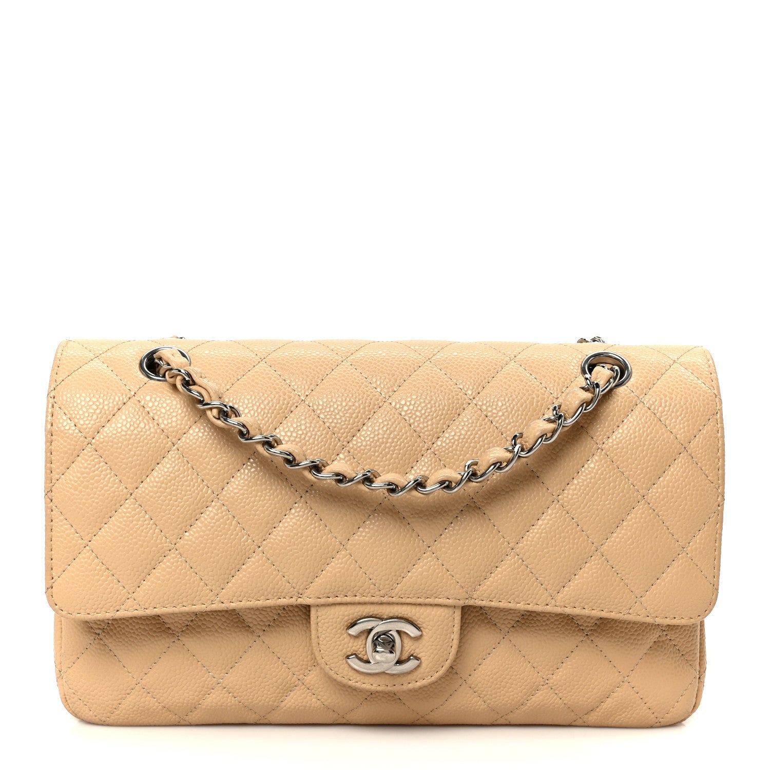 Caviar Quilted Medium Double Flap Beige