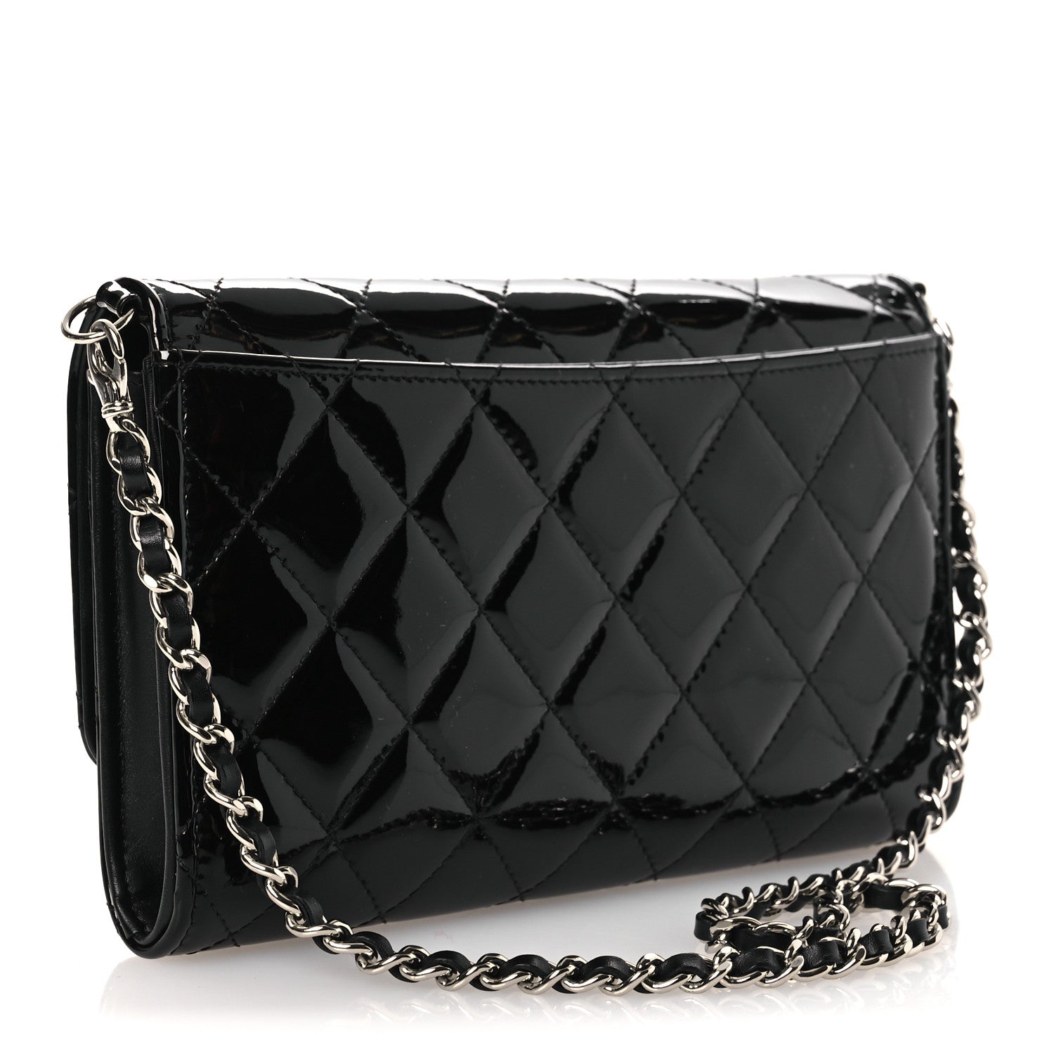 Patent Quilted Wallet On Removable Chain WOC Black
