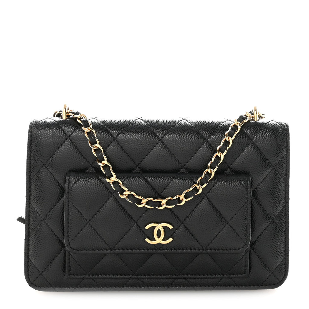 Caviar Quilted Pocket Clutch With Chain WOC Black