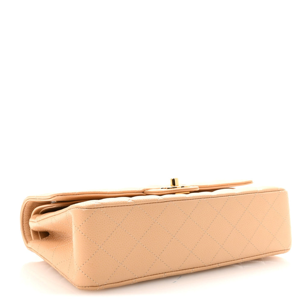 Caviar Quilted Medium Double Flap Beige