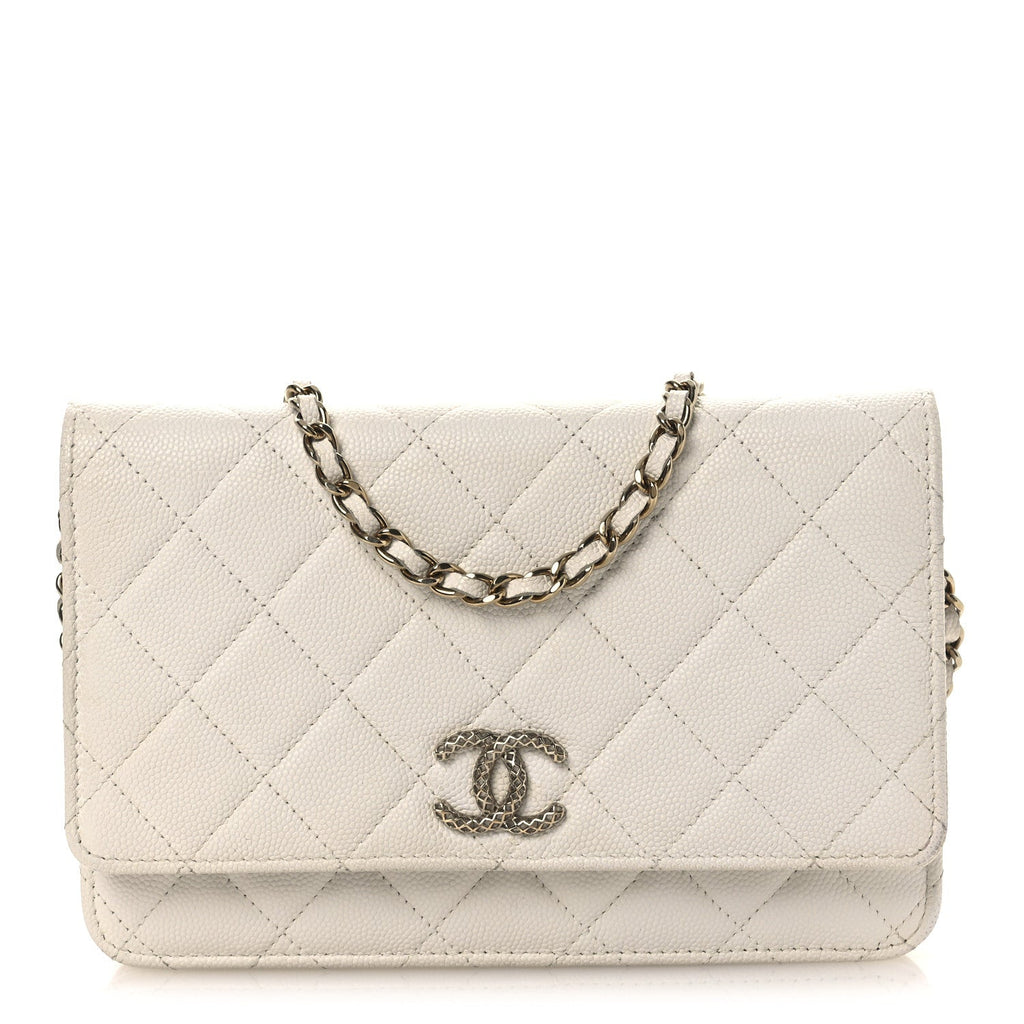 Caviar Quilted Perforated Metal CC Wallet On Chain WOC White