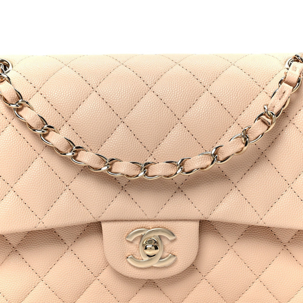 Caviar Quilted Medium Double Flap Light Beige
