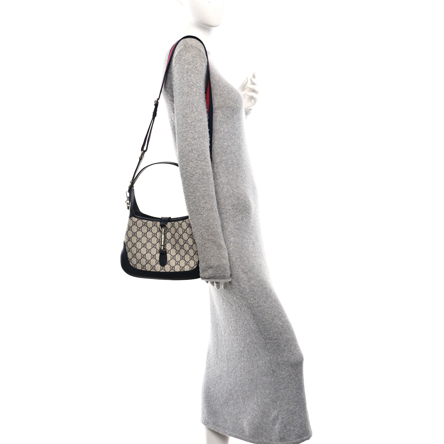 GG Supreme Monogram Textured Dollar Calfskin Web Small Jackie 1961 Hobo Beige Blue