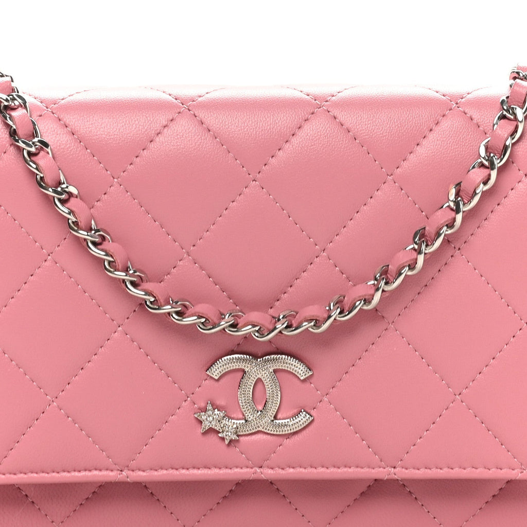 Lambskin Quilted Crystal Star Wallet On Chain WOC Pink