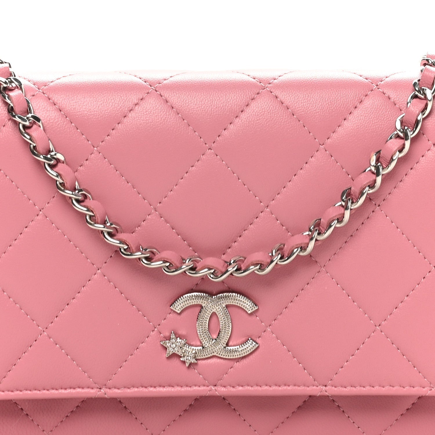 Lambskin Quilted Crystal Star Wallet On Chain WOC Pink
