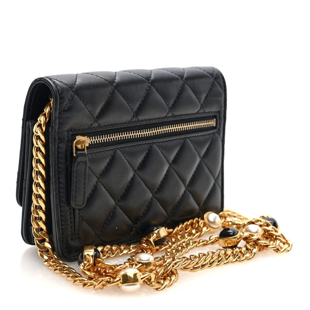 Lambskin Quilted CC Pearl Enamel Clutch on Chain WOC Black