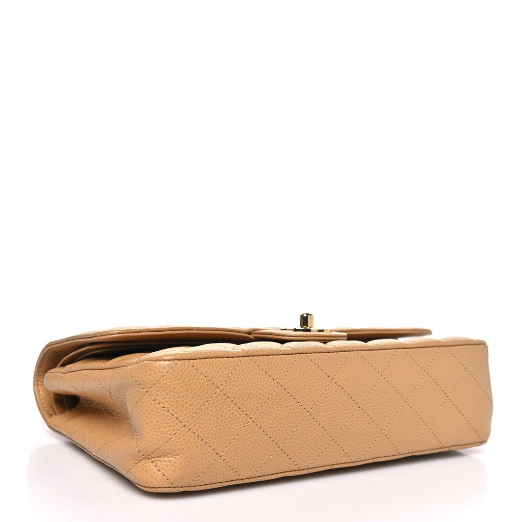 Caviar Quilted Medium Double Flap Beige