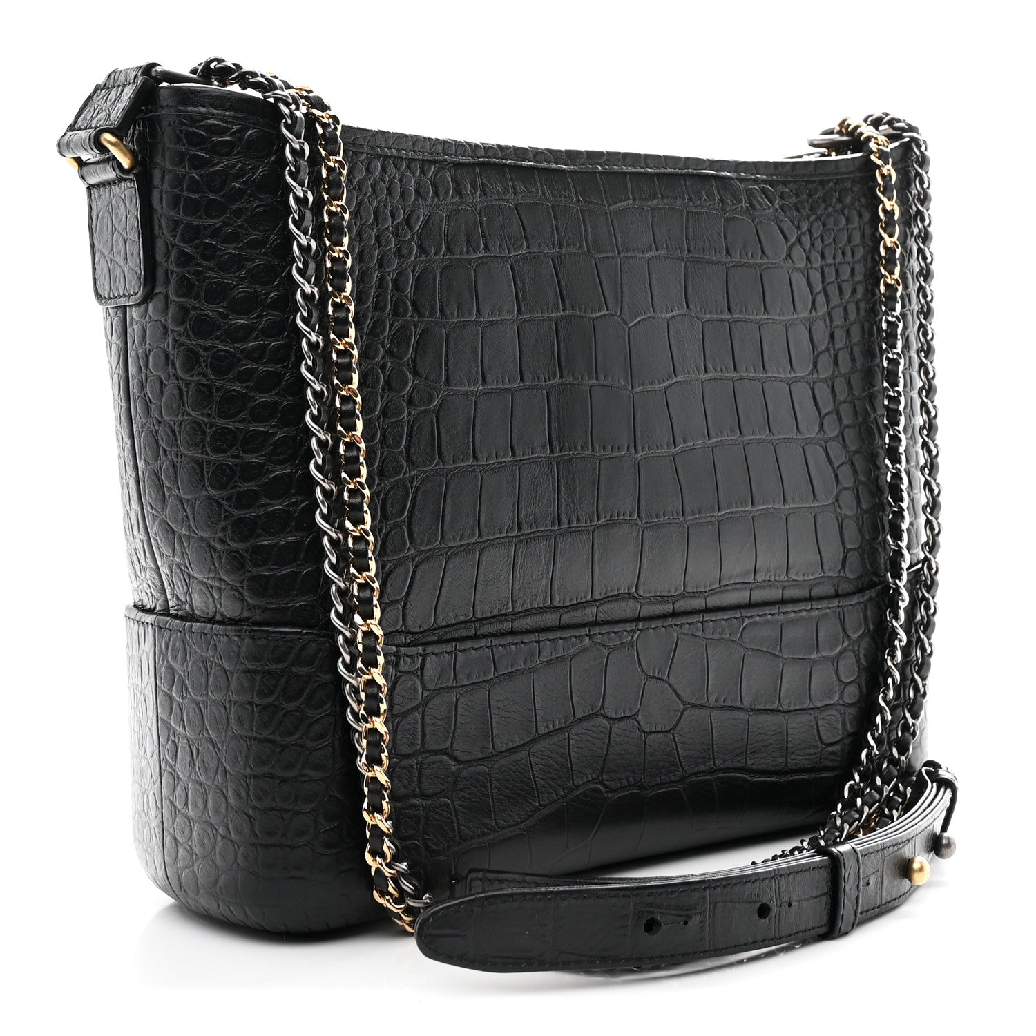 Crocodile Embossed Calfskin Medium Gabrielle Cocodile Hobo Black