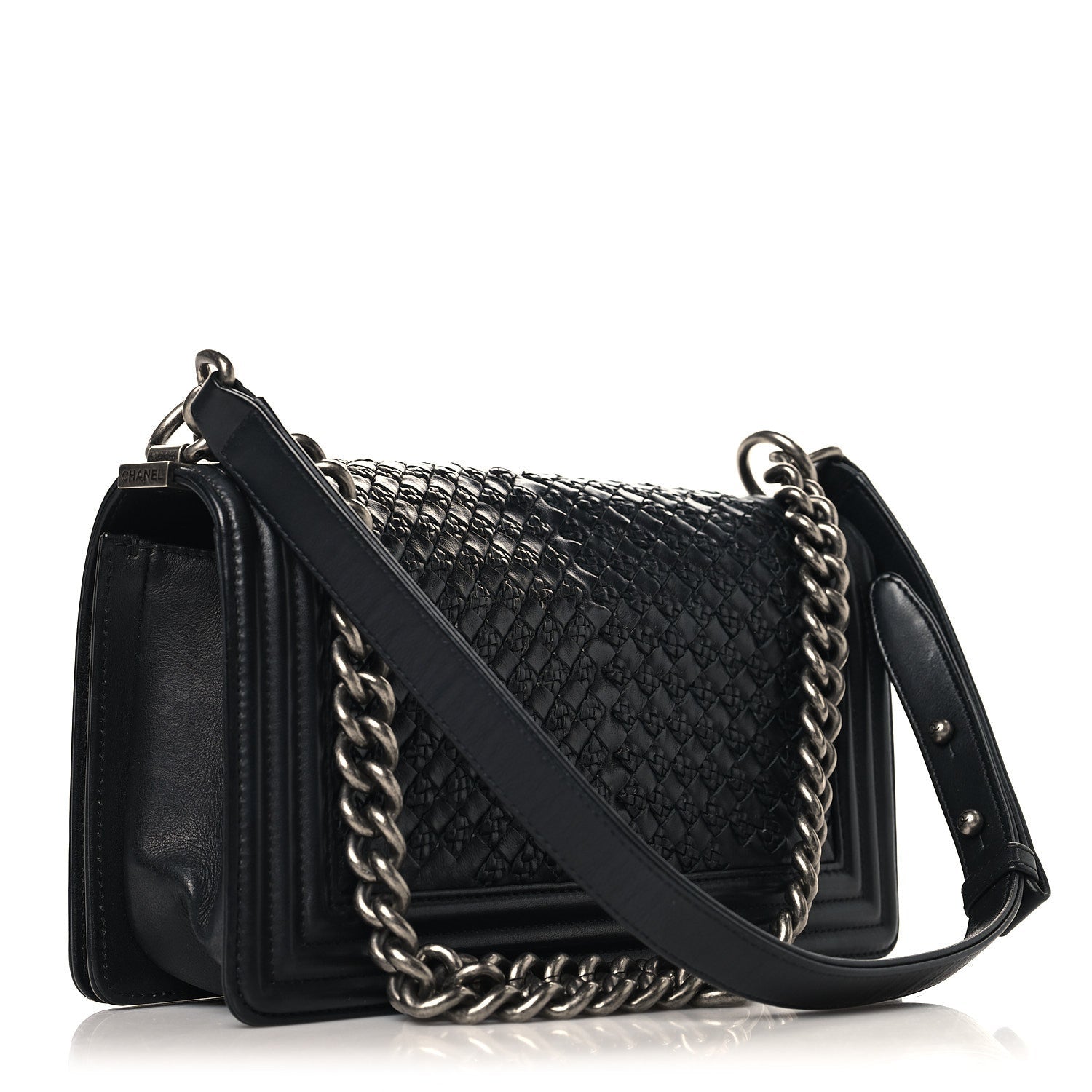 Lambskin Braided Woven Medium Boy Flap Black