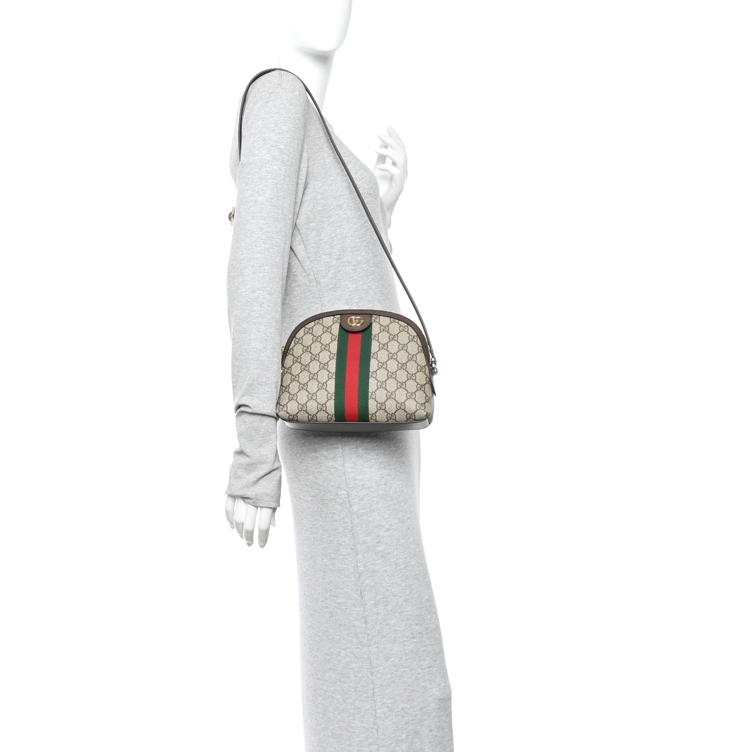 GG Supreme Monogram Textured Dollar Calfskin Web Small Ophidia Dome Shoulder Bag Beige Ebony New Acero