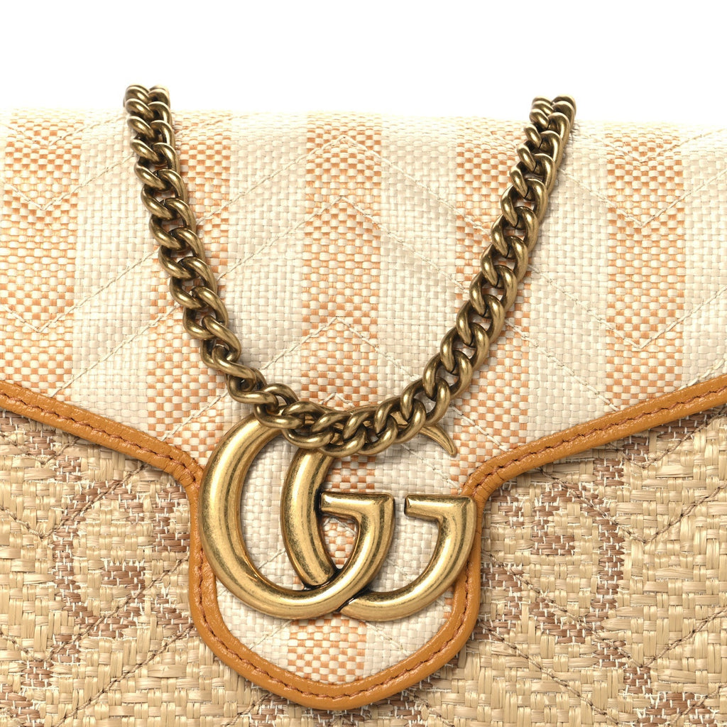 Raffia GG Monogram Matelasse GG Marmont Chain Wallet Natural Beige Off White Sun Oil