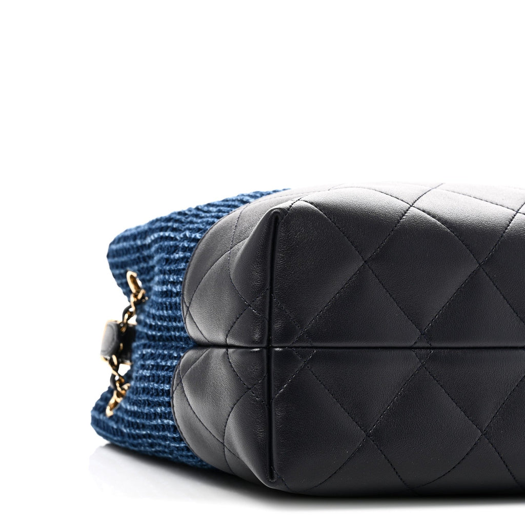 Tweed Shiny Lambskin Quilted Coco Base Small Shopping Bag Dark Blue