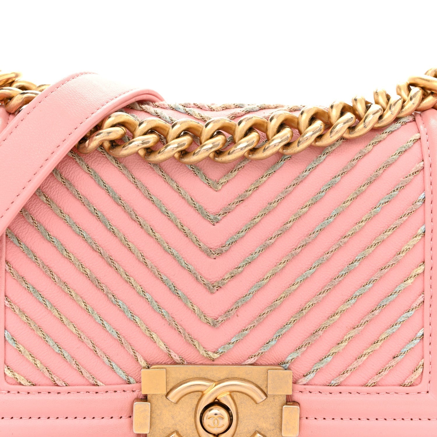 Calfskin Chevron Embroidered Small Boy By The Sea Flap Pink