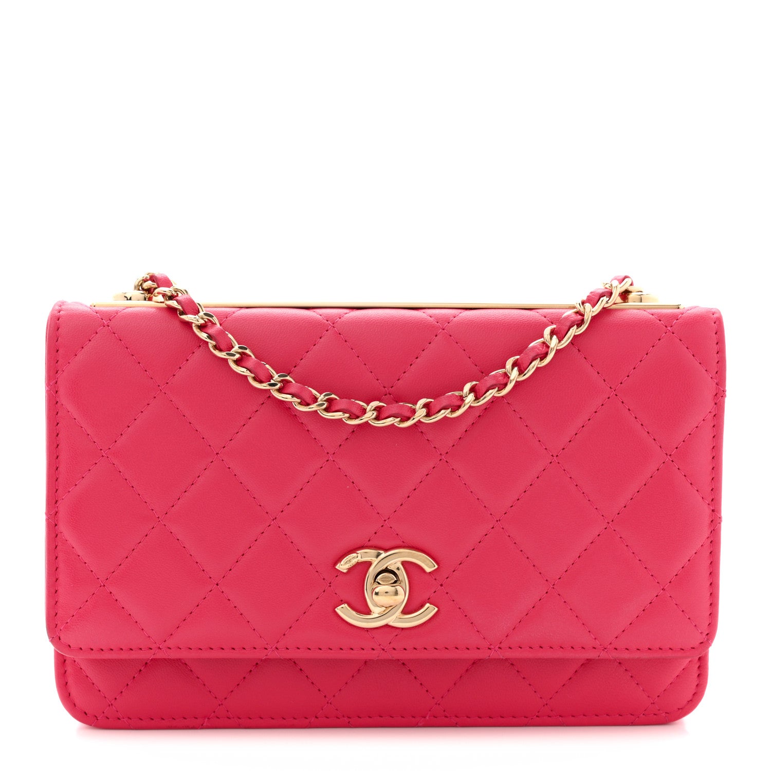 Lambskin Quilted Trendy CC Wallet On Chain WOC Dark Pink