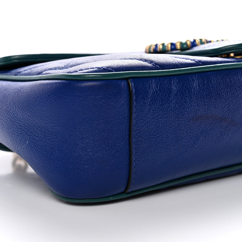 Azalea Calfskin Enamel Matelasse Diagonal Small Torchon GG Marmont Shoulder Bag Imperial Blue Pavone