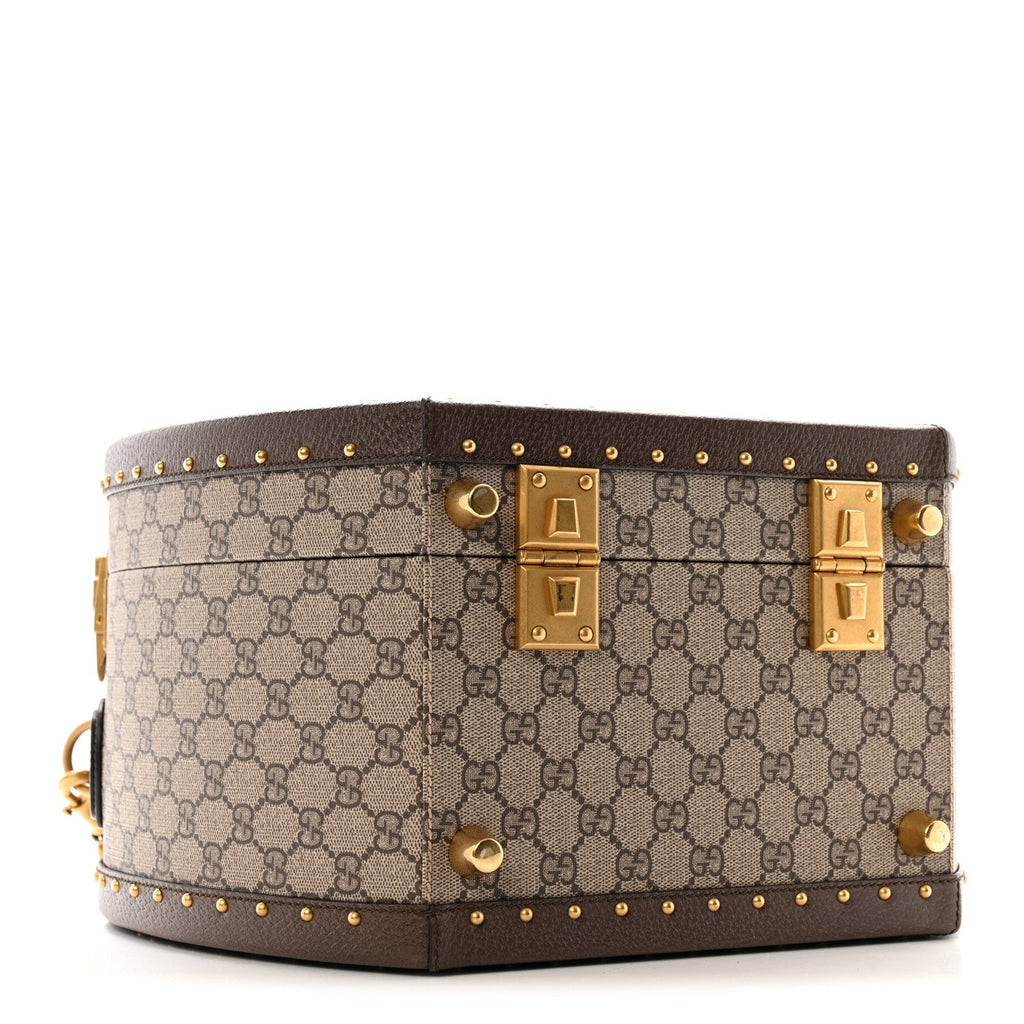 GG Supreme Monogram Textured Dollar Calfskin Web Savoy Hat Box Beige Ebony New Acero