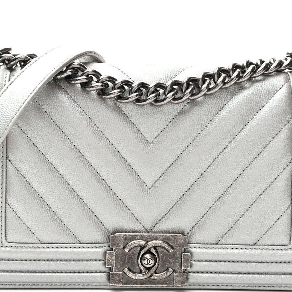 Metallic Caviar Chevron Quilted Medium Boy Flap Silver