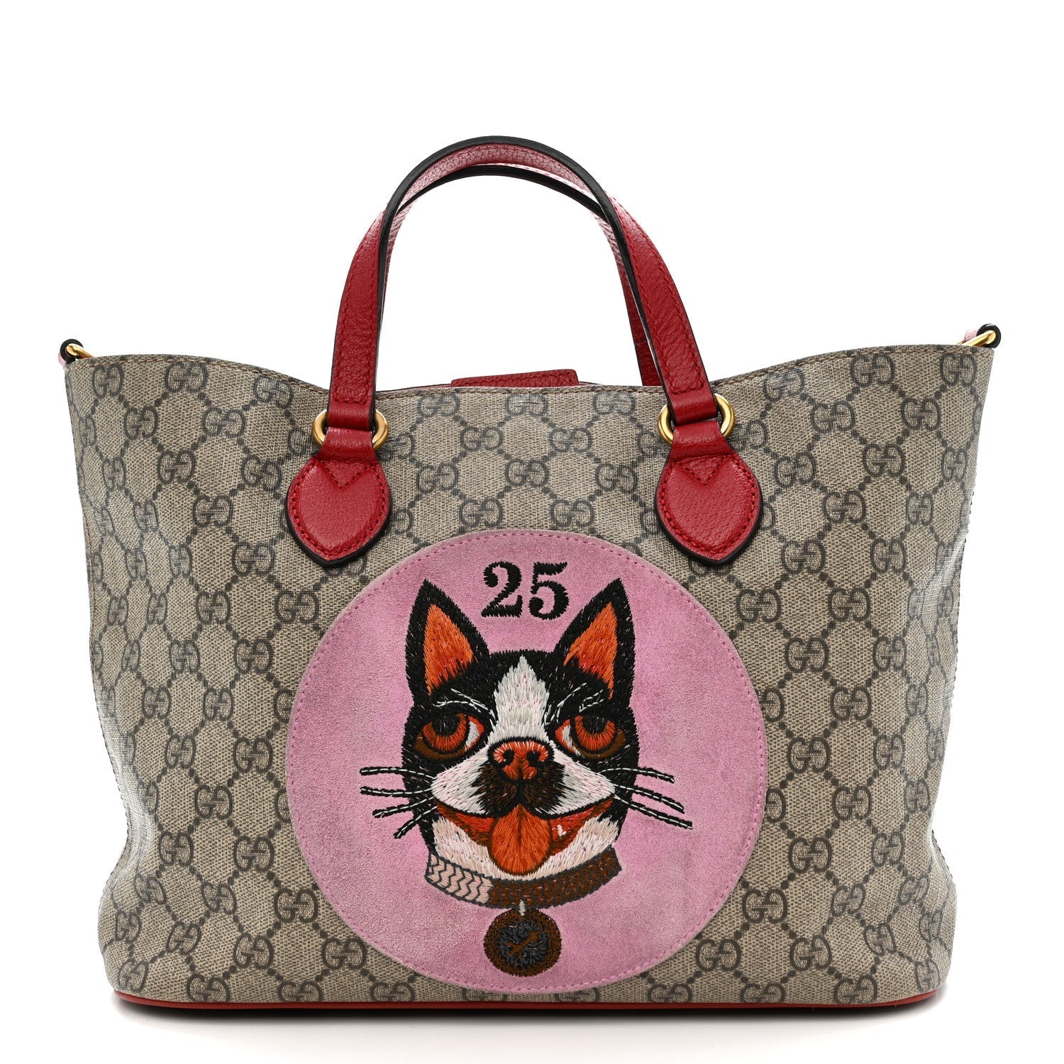 Soft GG Supreme Monogram Web Bosco Patch Small Crossbody Tote Beige Malva Hibiscus Red