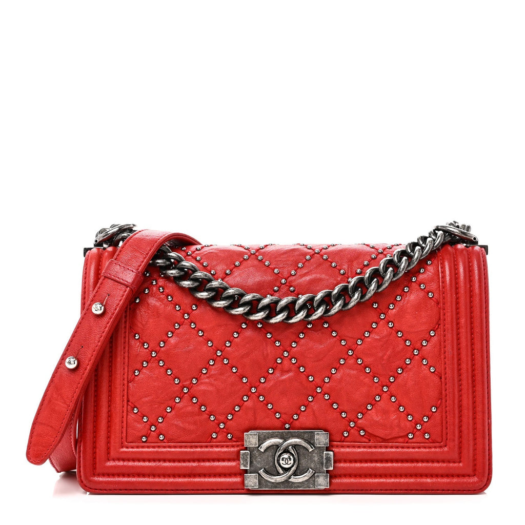 Crumpled Lambskin Small Studded Boy Flap Red