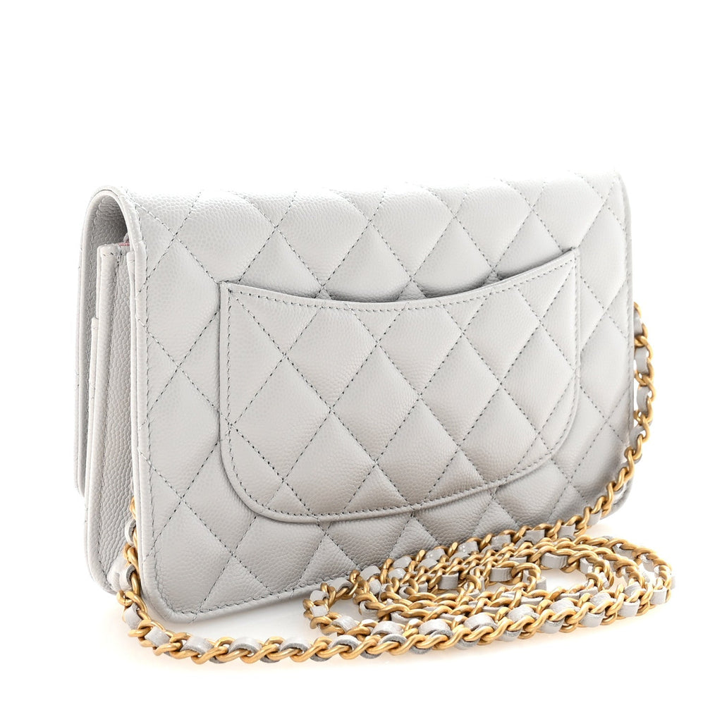 Caviar Quilted Textured CC Wallet on Chain WOC Grey