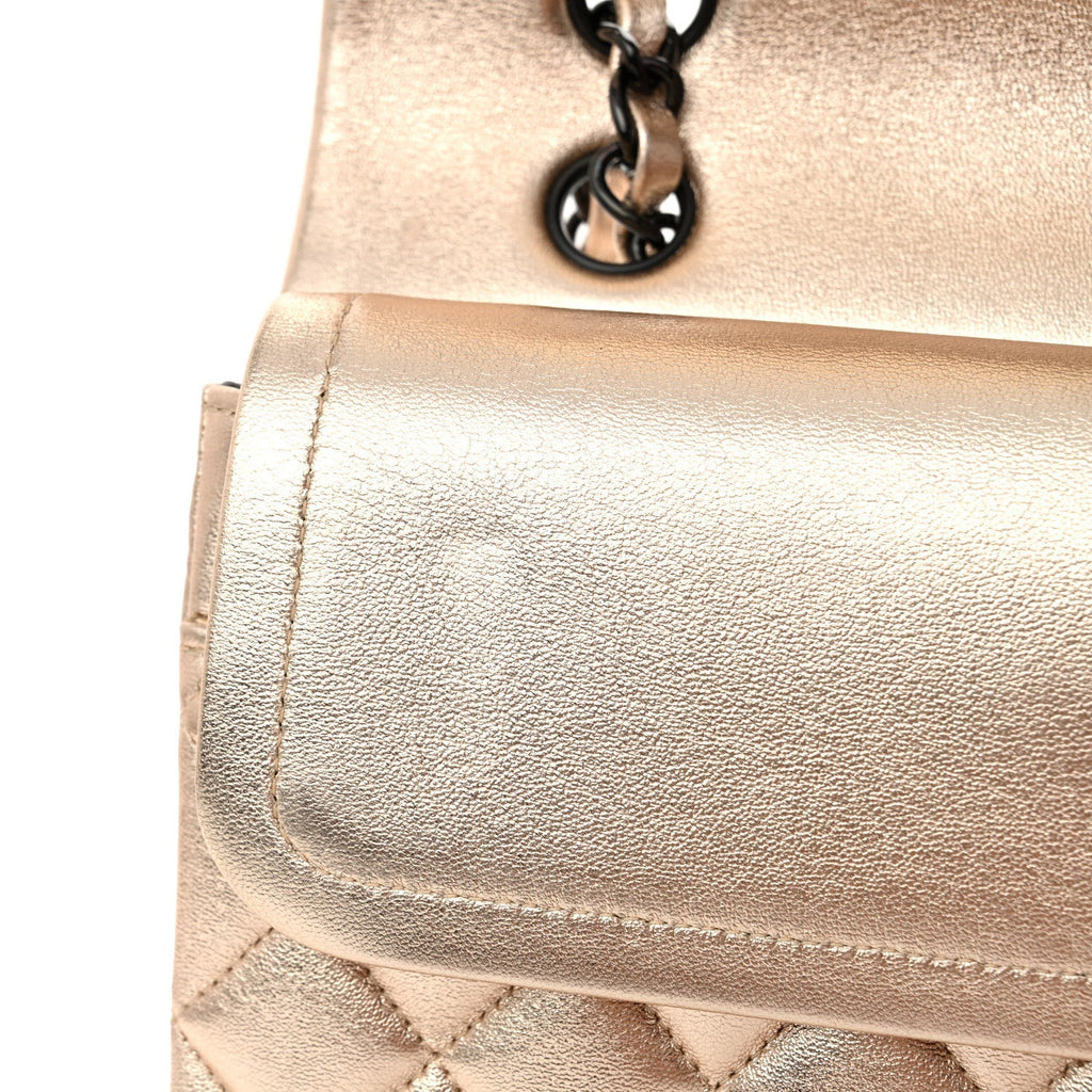 Metallic Lambskin Quilted Medium Double Flap Gold Black