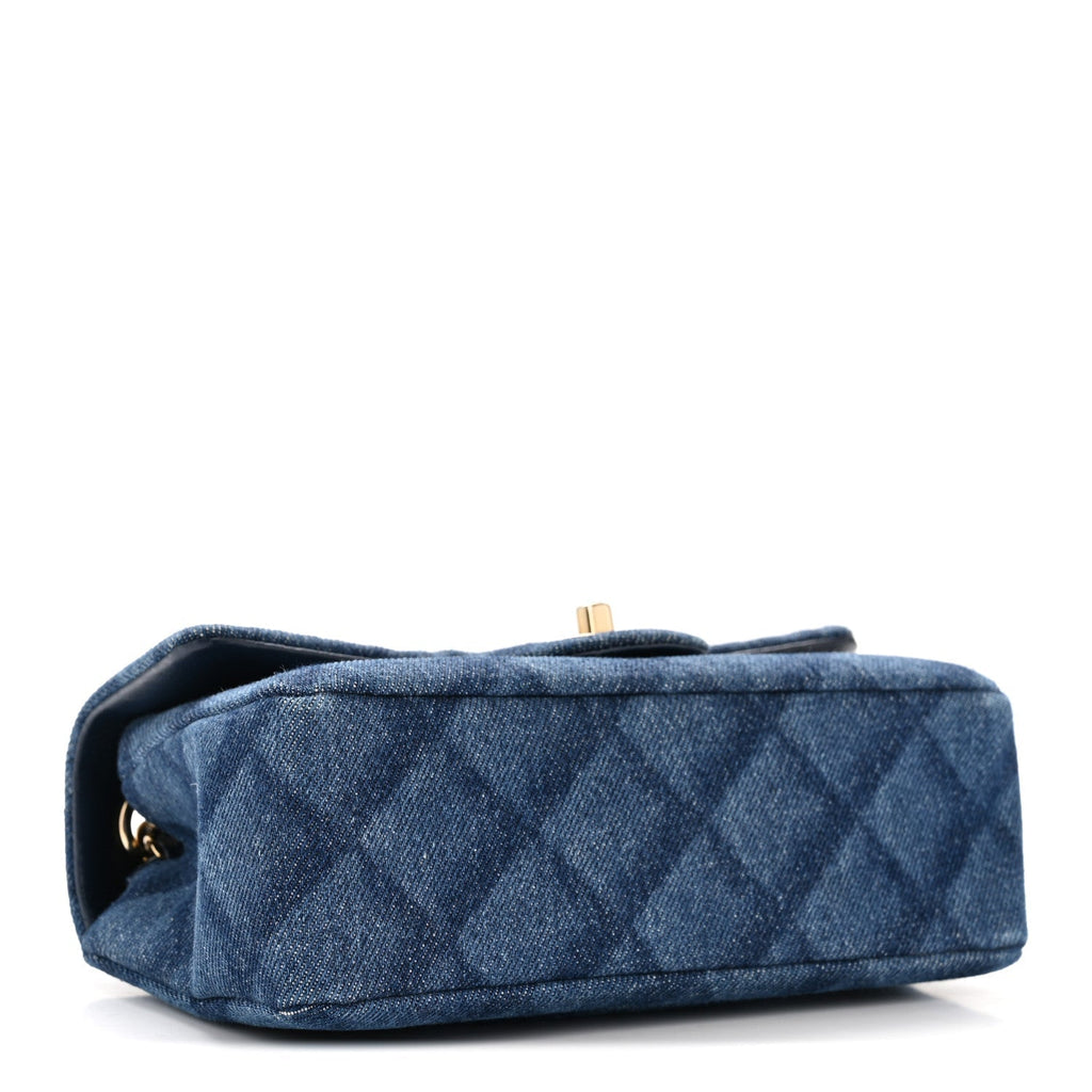 Printed Denim Quilted Mini Rectangular Flap Dark Blue