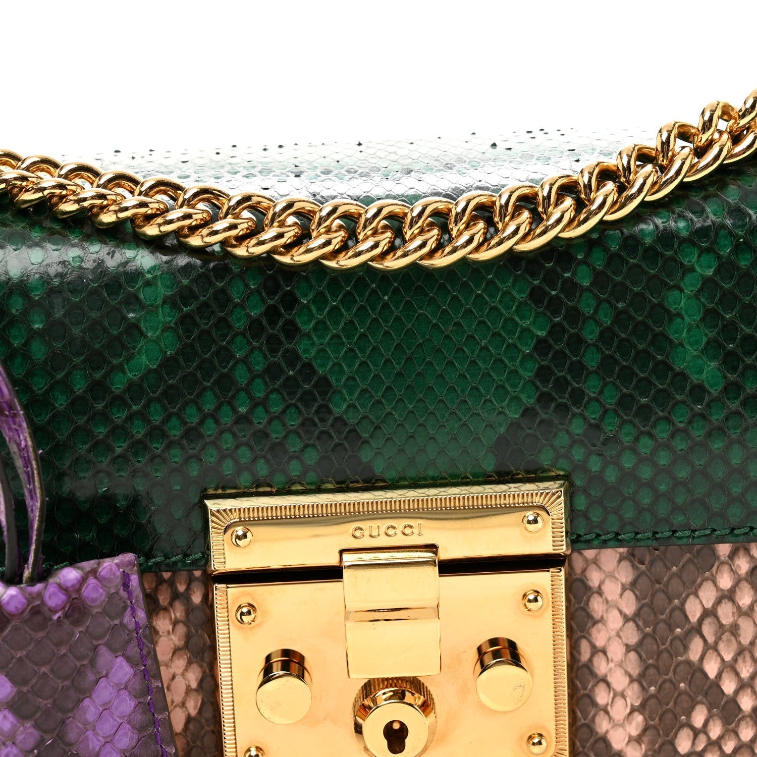 Snakeskin Small Padlock Shoulder Bag Green Pink Purple