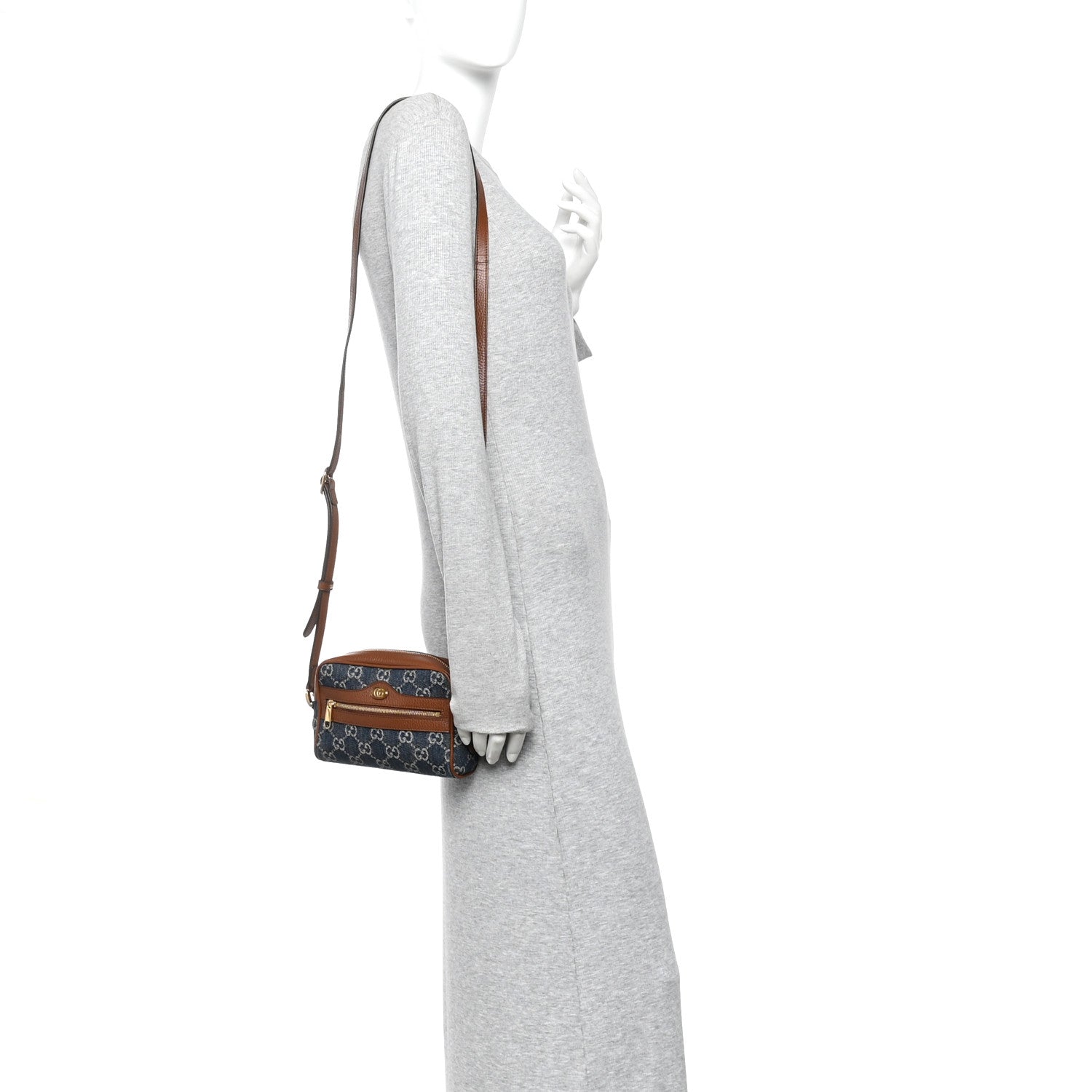 New Denim GG Monogram Dollar Calfskin Mini Ophidia Shoulder Bag Blue Tea Cuir Epilog