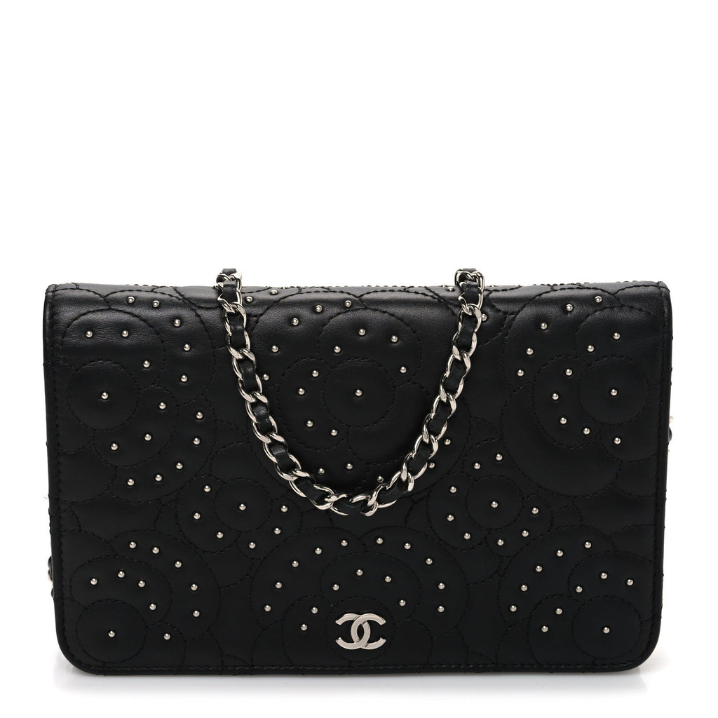 Lambskin Camellia Studded Wallet on Chain WOC Black