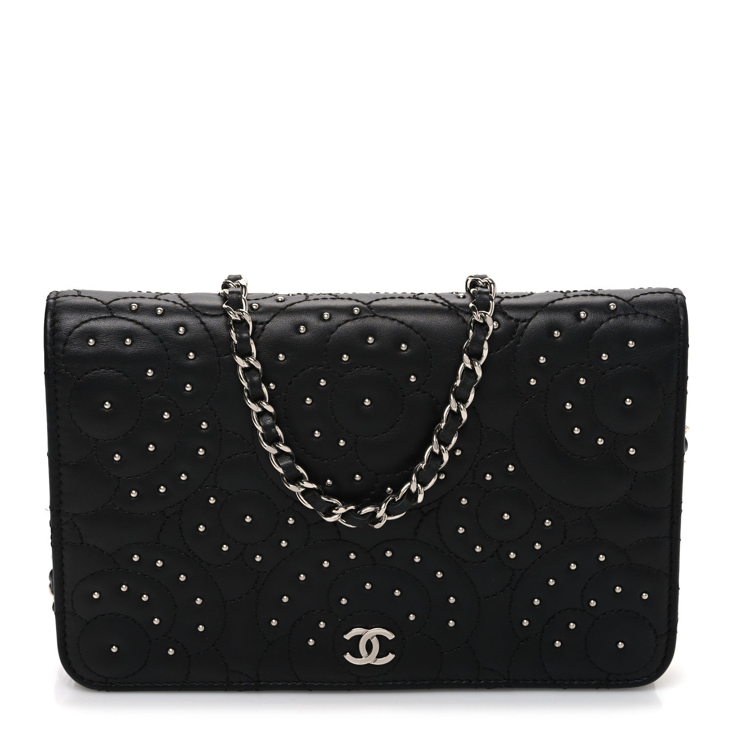 Lambskin Camellia Studded Wallet on Chain WOC Black