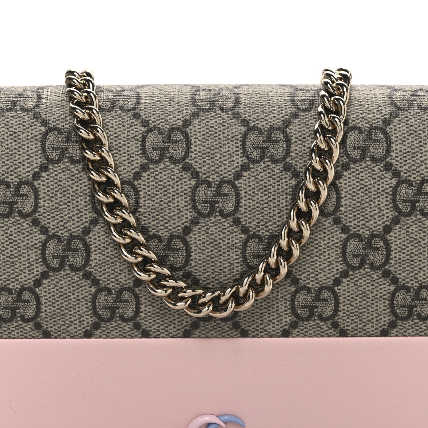 GG Supreme Monogram Textured Dollar Calfskin Mini GG Marmont Chain Wallet Light Pink Blue Beige