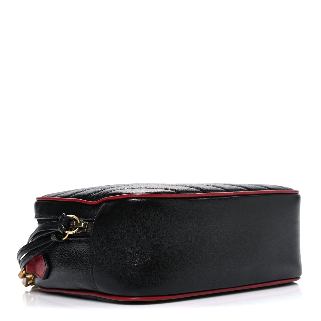 Vintage Effect Calfskin Matelasse Diagonal Small Torchon GG Marmont Bamboo Top Handle Shoulder Bag Black Romantic Cherry