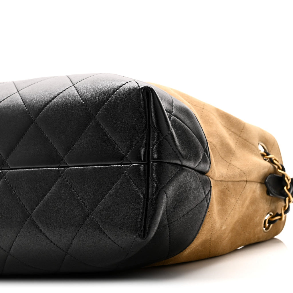 Suede Calfskin Shiny Lambskin Quilted Small Coco Base Shopping Bag Beige Black