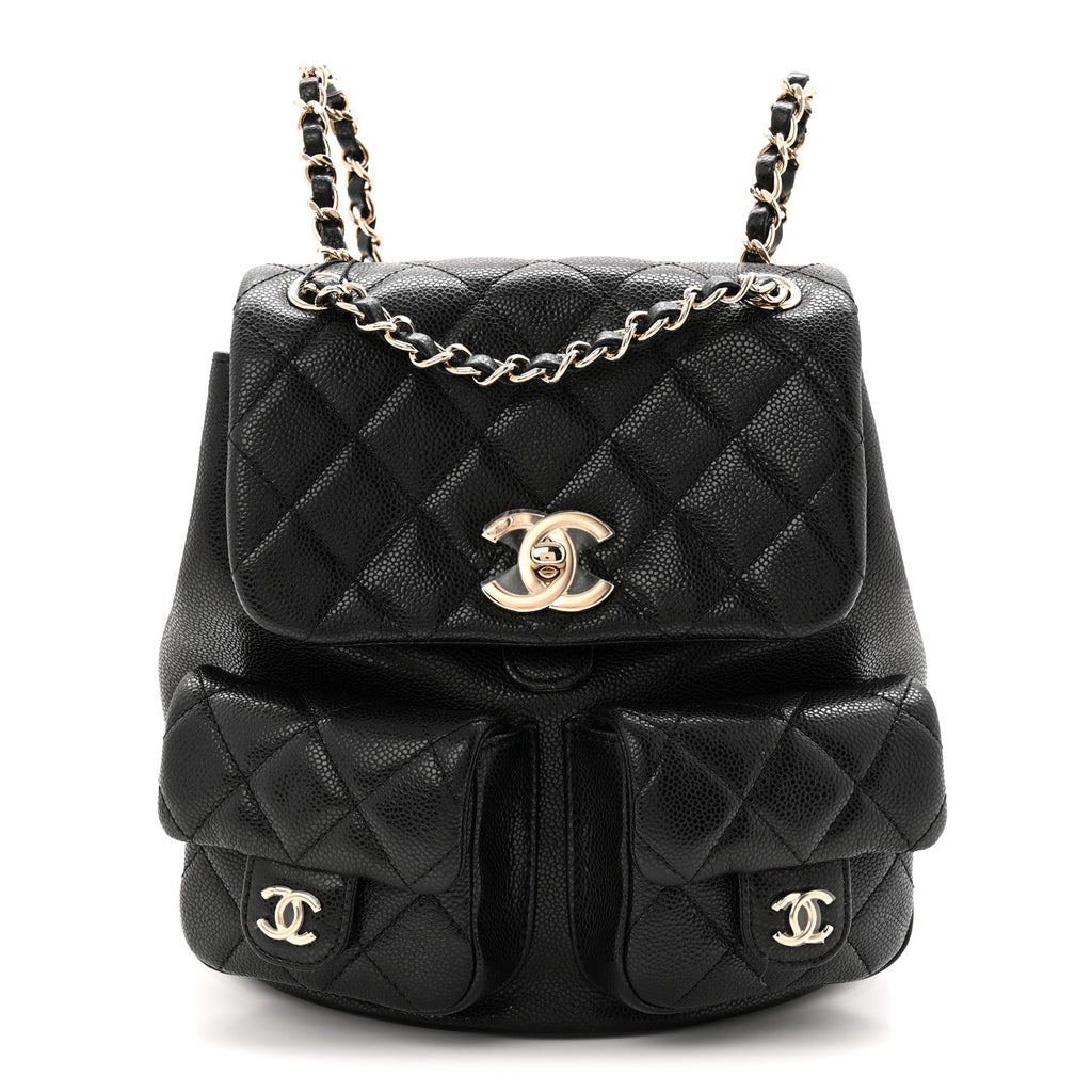 Shiny Caviar Quilted Medium Duma Pockets Drawstring Backpack Black