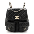 Shiny Caviar Quilted Medium Duma Pockets Drawstring Backpack Black