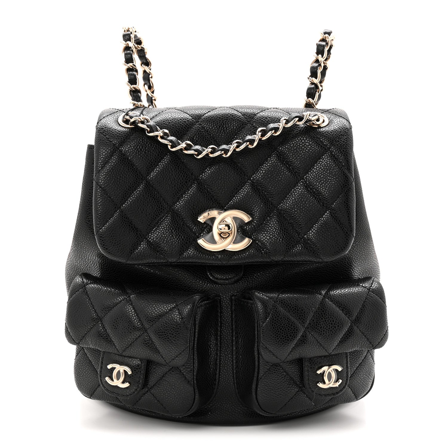 Shiny Caviar Quilted Medium Duma Pockets Drawstring Backpack Black