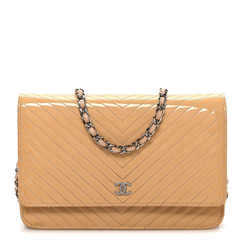 Patent Calfskin Chevron Quilted Wallet On Chain WOC Beige
