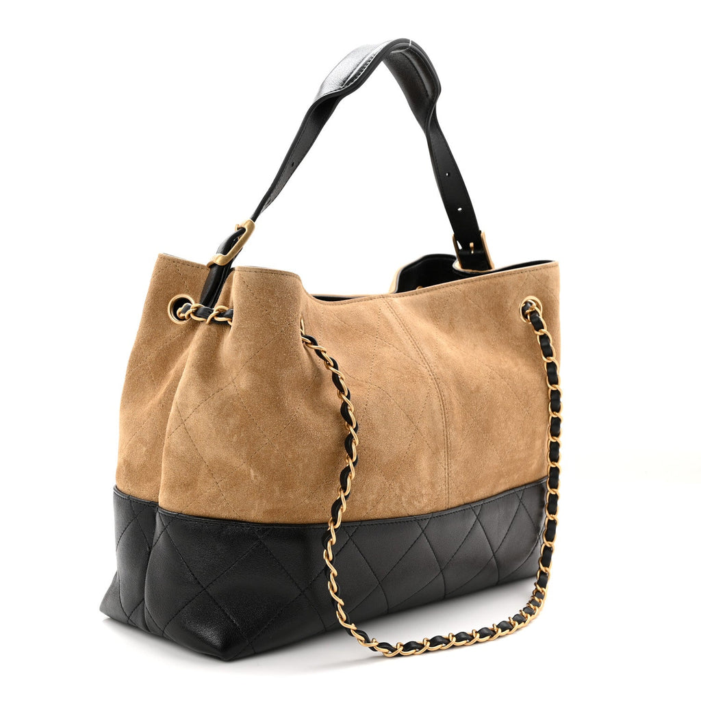 Suede Calfskin Shiny Lambskin Quilted Small Coco Base Shopping Bag Beige Black