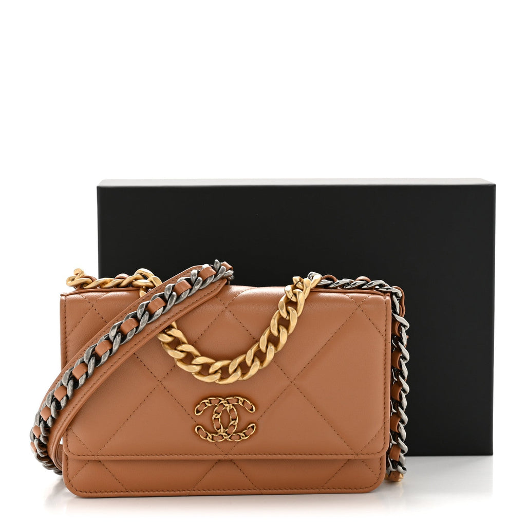 Lambskin Quilted Chanel 19 Wallet On Chain WOC Brown