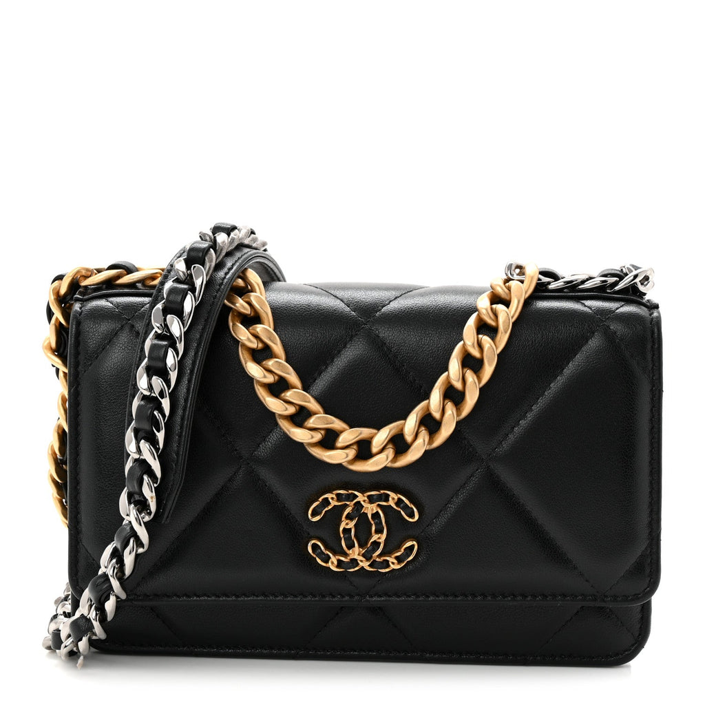 Lambskin Quilted Chanel 19 Wallet On Chain WOC Black