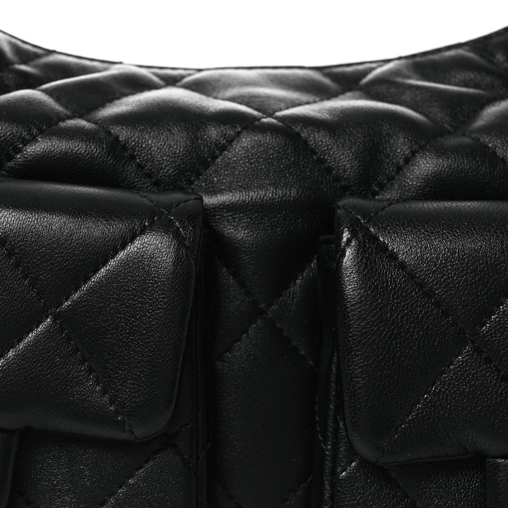 Shiny Lambskin Quilted Trendy Pockets Hobo Black