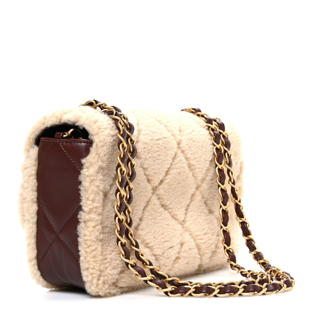 Shearling Lambskin Quilted Furry Coco Flap Dark Brown Beige