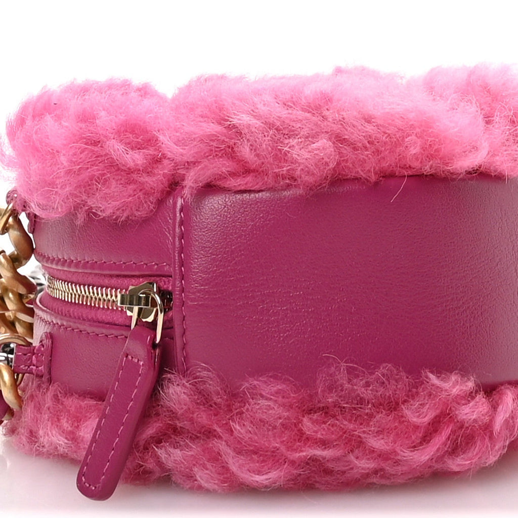 Shearling Sheepskin Chanel 19 Round Clutch With Chain Dark Pink
