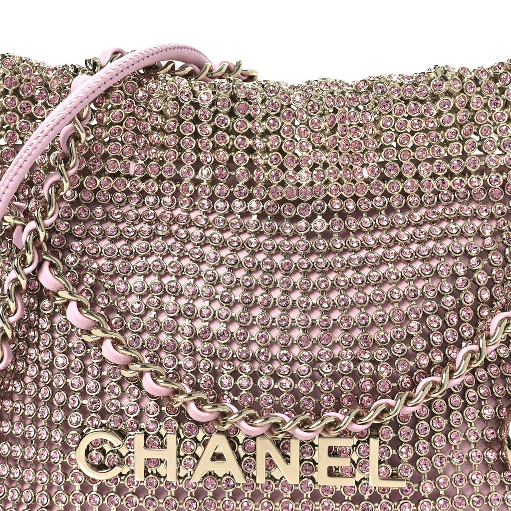 Crystal Embellished Metallic Lambskin Mini Chanel 22 Light Pink